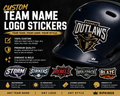 Set of 12 RipKings premium custom team logo helmet stickers with various team name and logo designs for sports fans.