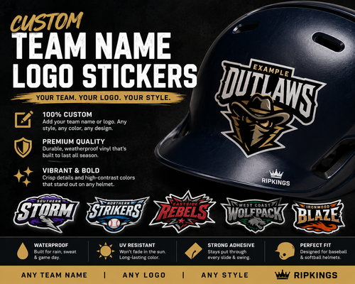Set of 12 RipKings premium custom team logo helmet stickers with various team name and logo designs for sports fans.